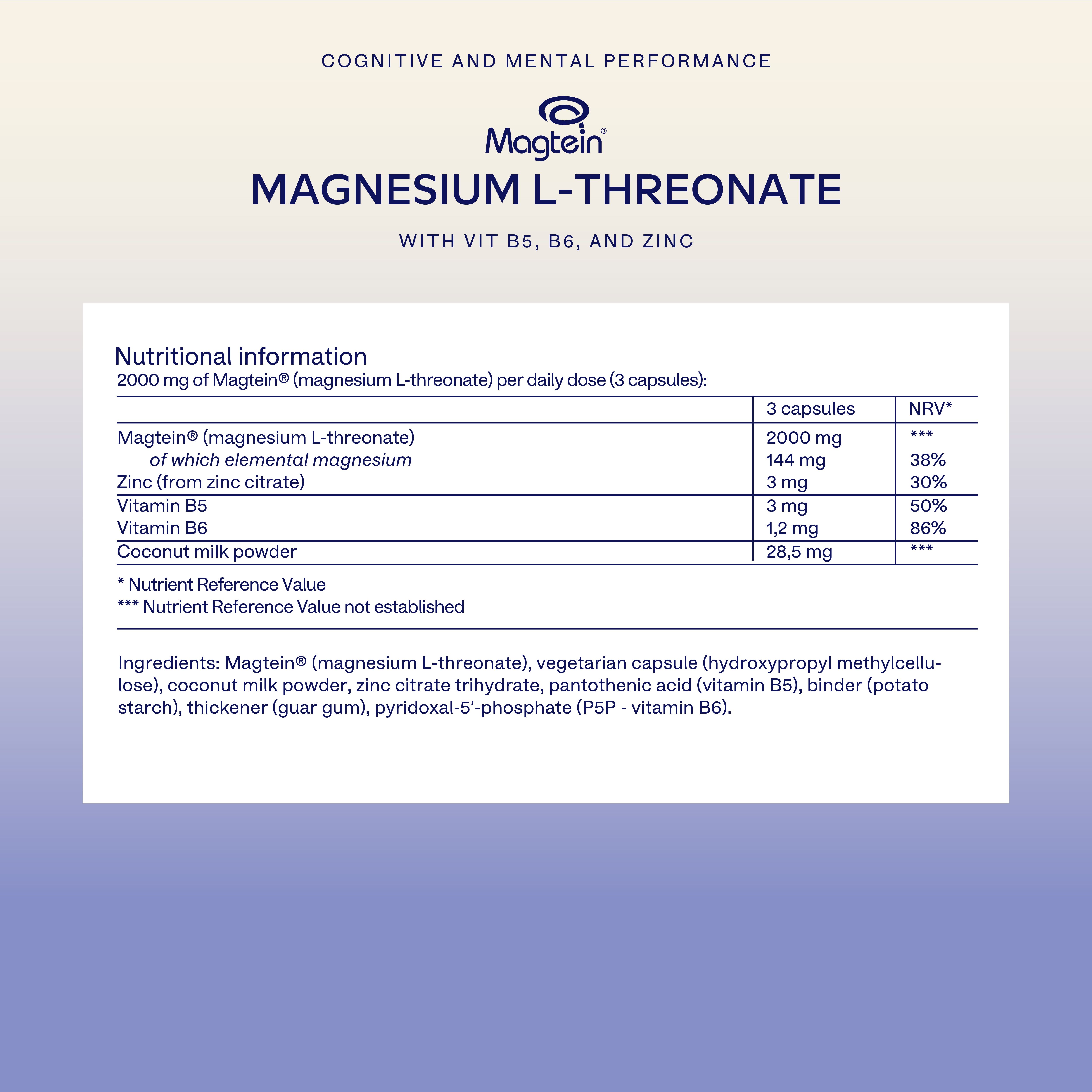 Informazioni nutrizionali e ingredienti Aavalabs Magtein Magnesio L-Treonato.