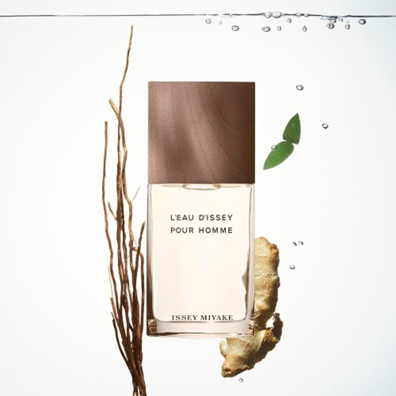 Flacone in acqua con rami, zenzero e foglie. Scritta: L'EAU D'ISSEY POUR HOMME e ISSEY MIYAKE.
