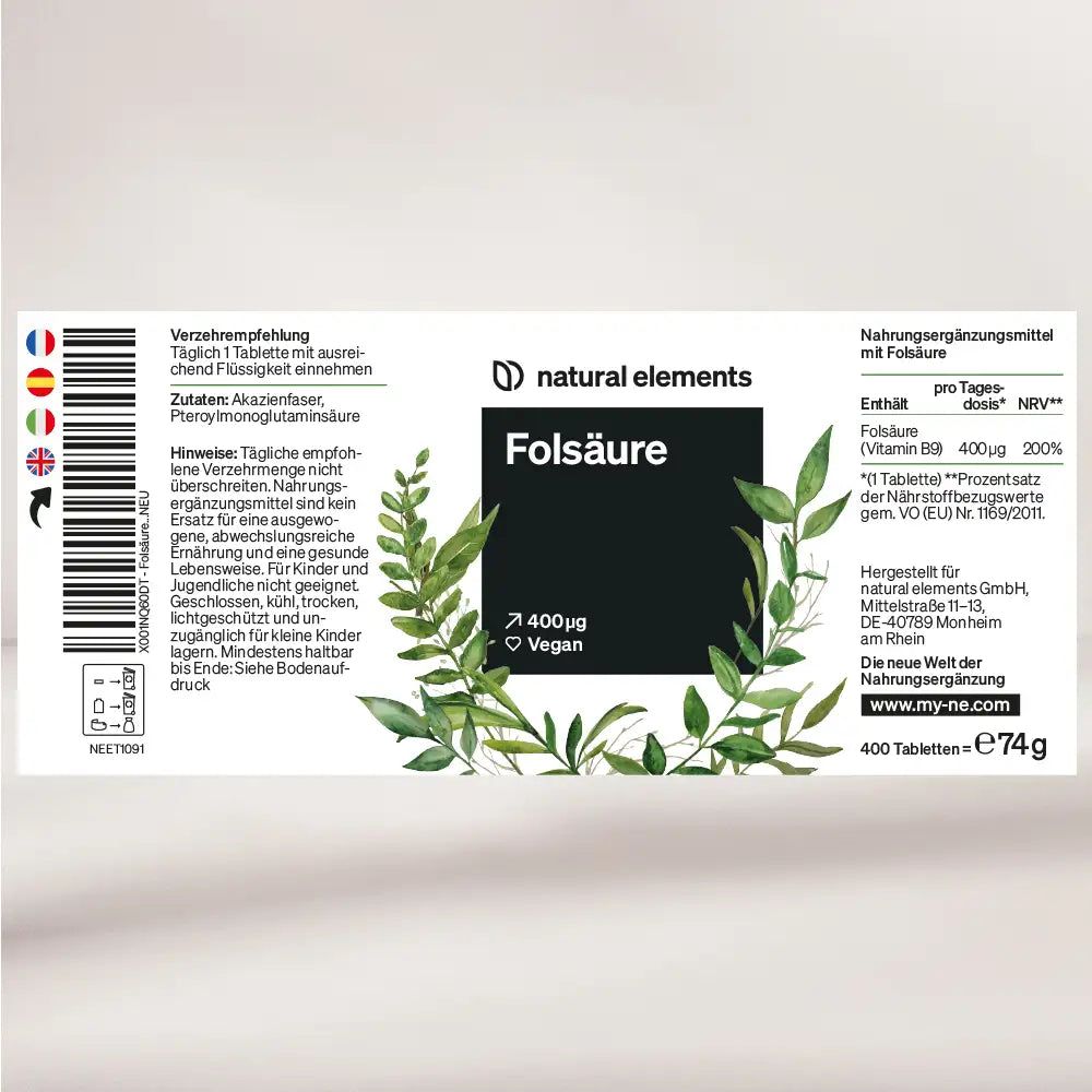 Confezione del prodotto con scritta Folsäure, 400mcg, Vegan. Marchio: natural elements. Contiene 400 compresse. Con codice a barre e informazioni nutrizionali.