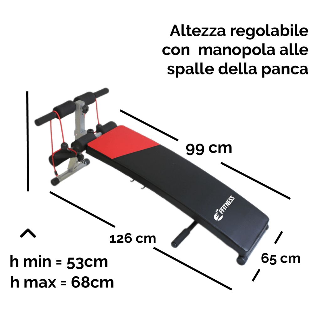 Panca sit-up con dimensioni. Altezza min/max: 53/68 cm, Lunghezza 126 cm, Larghezza 65 cm, Altezza 99 cm. Testo: 'Altezza regolabile'.