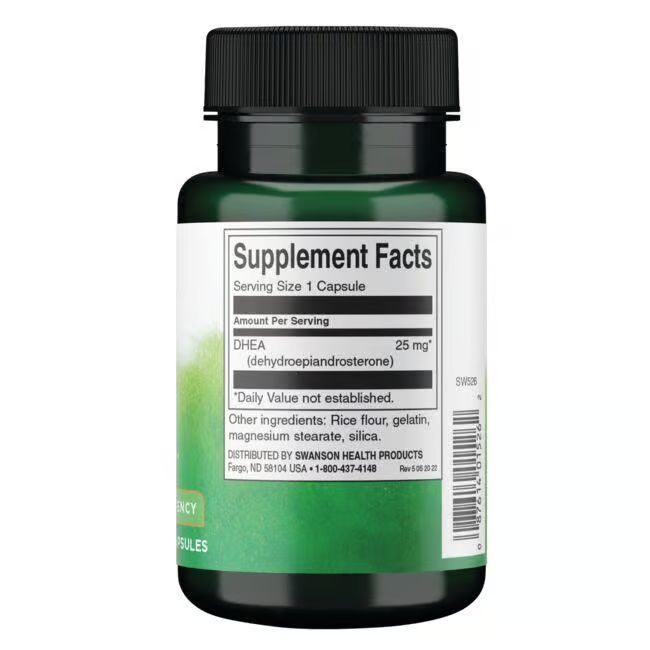 Retro di un flacone verde con tappo nero. Scritta: Supplement Facts, DHEA 25 mg, 120 capsule.