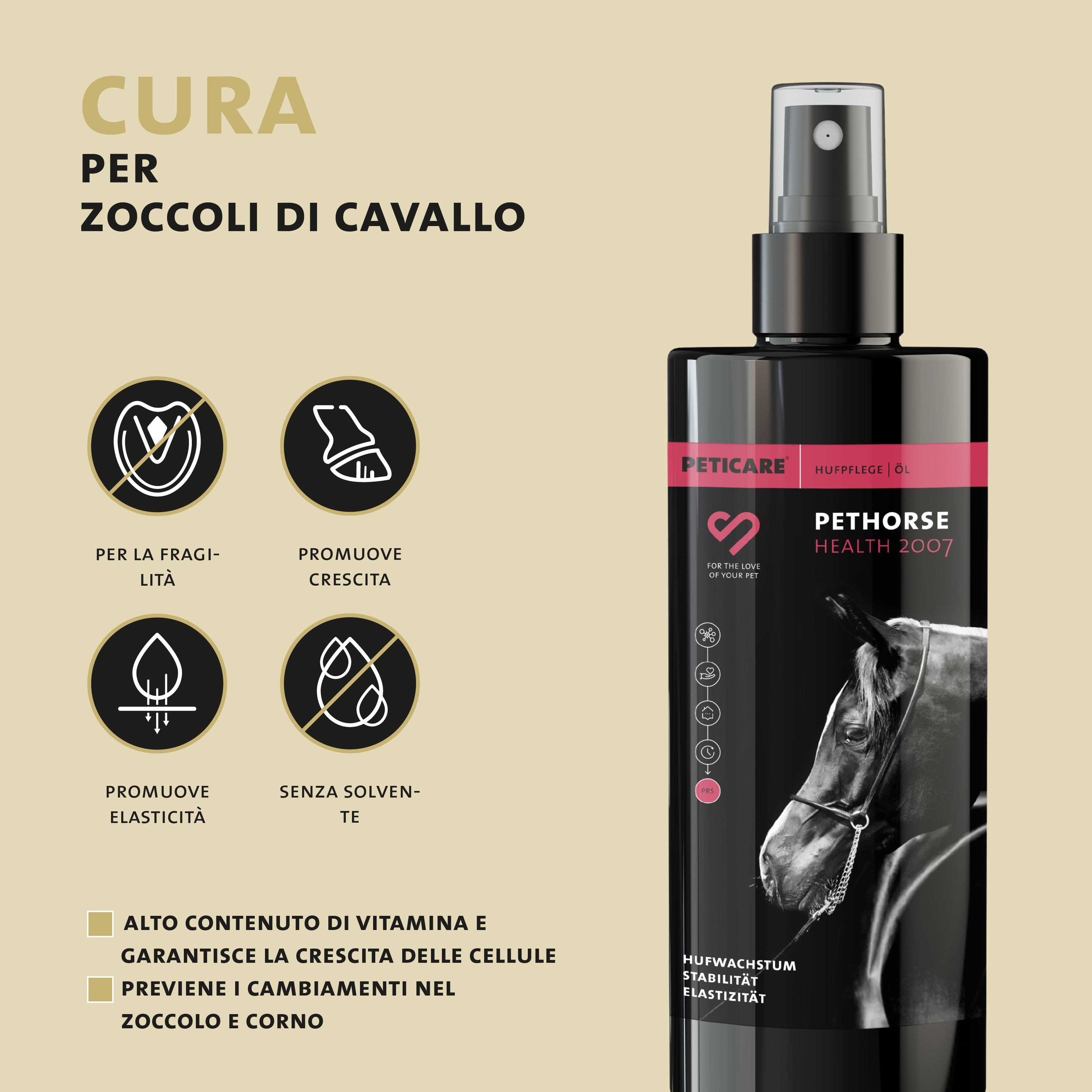 Flacone nero con spruzzatore. Testo: Pethorse Health 2007. Cura per zoccoli di cavallo. Senza solventi.