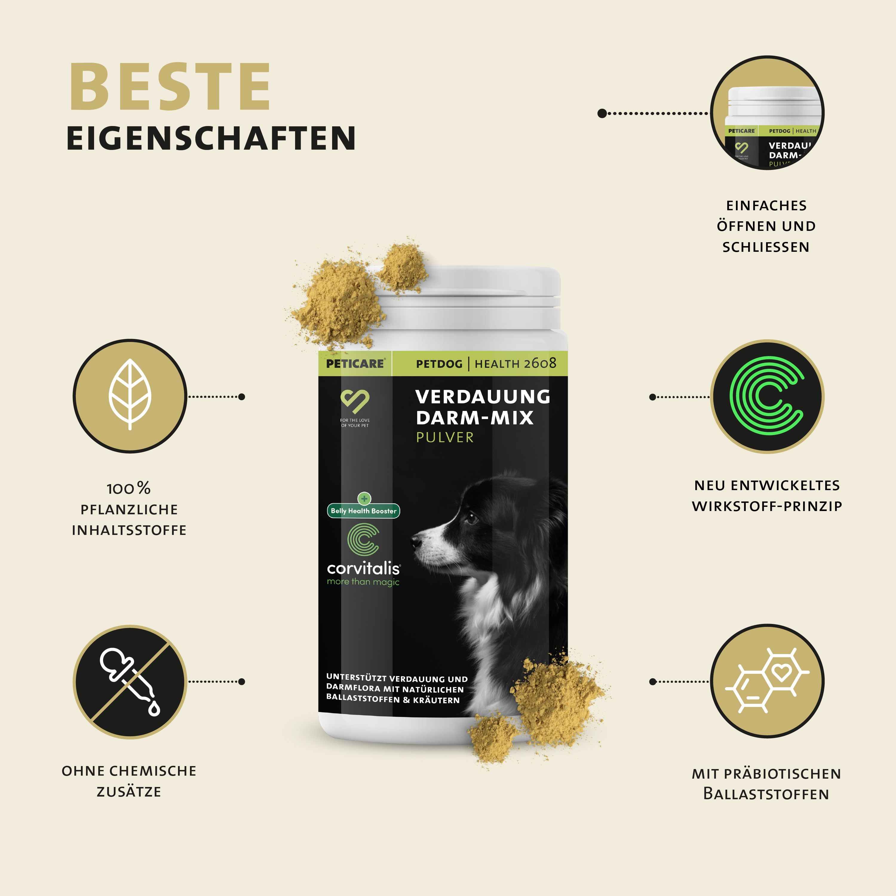 Peticare Polvere Digestione: barattolo, 100% ingredienti vegetali, fibre prebiotiche.