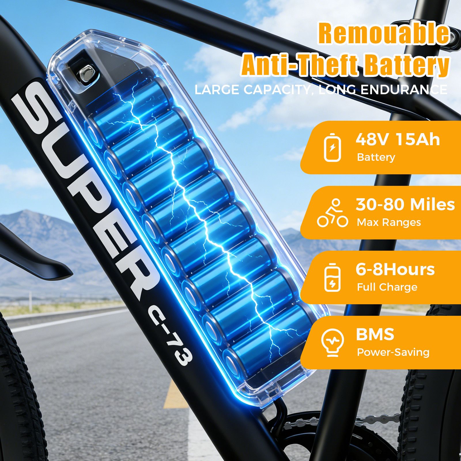 Primo piano della batteria di una e-bike. Testo: batteria 48V 15Ah, autonomia 30-80 miglia, carica 6-8 ore, BMS Power-Saving.