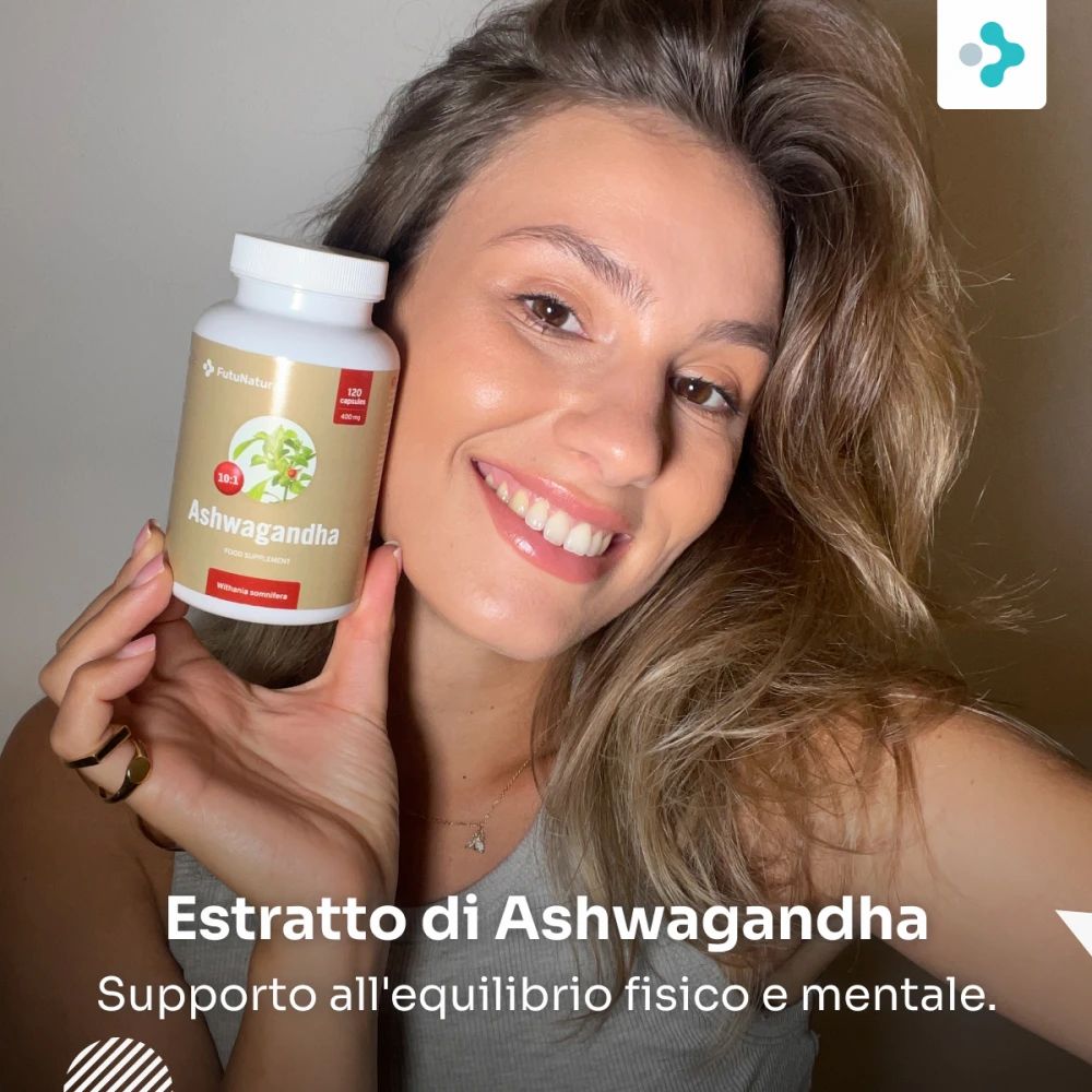 Donna tiene flacone di estratto di ashwagandha. Testo: Supporto all'equilibrio fisico e mentale.