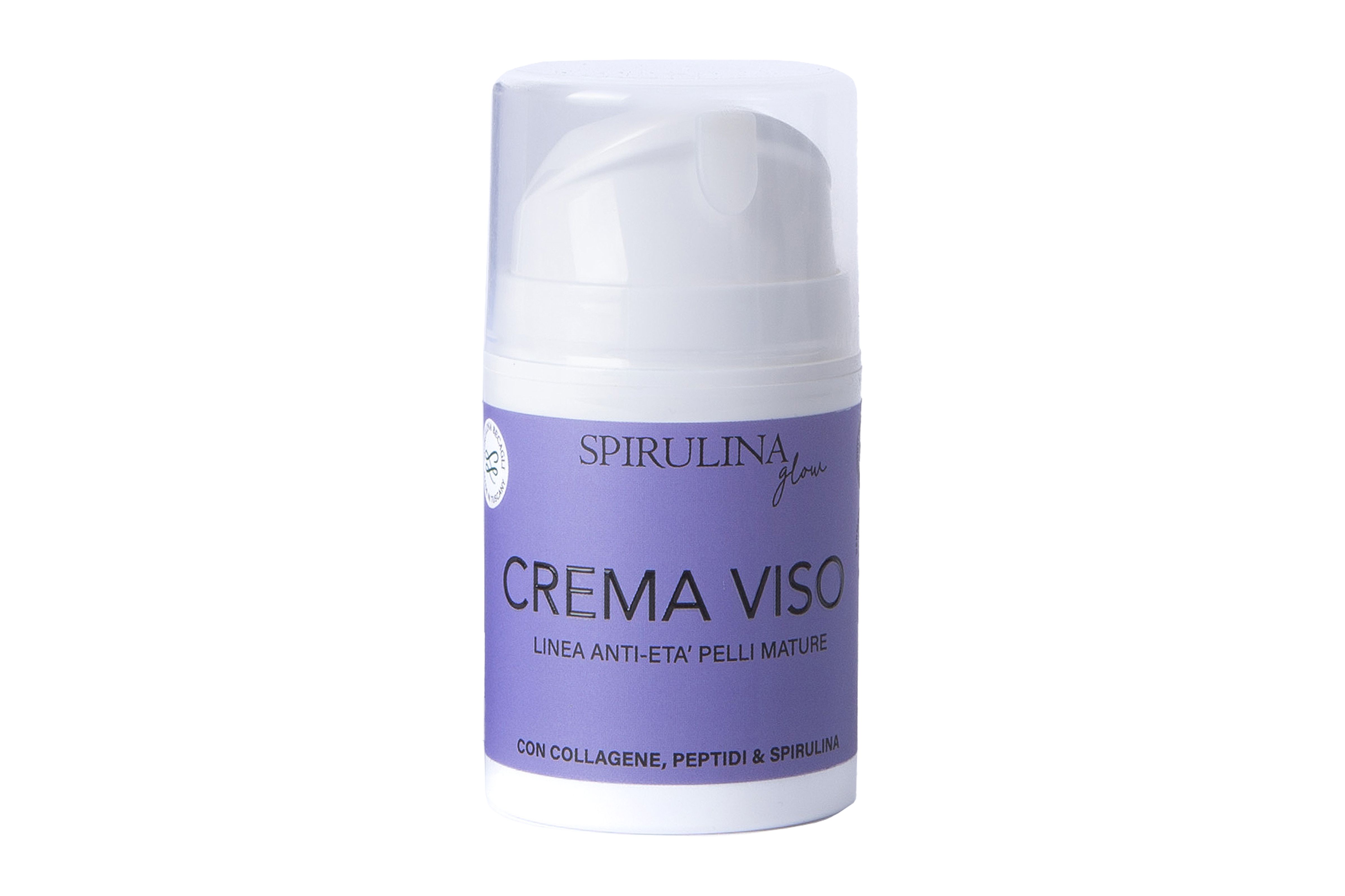 Flacone bianco con coperchio bianco. Scritta: Spirulina glow, Crema Viso, trattamento anti-età per pelli mature. Con collagene, peptidi e spirulina.
