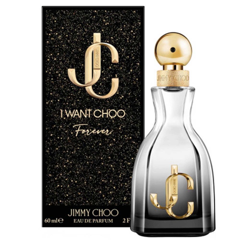 Flacone di profumo e confezione. Flacone con tappo dorato e logo. Confezione nera glitterata e logo.