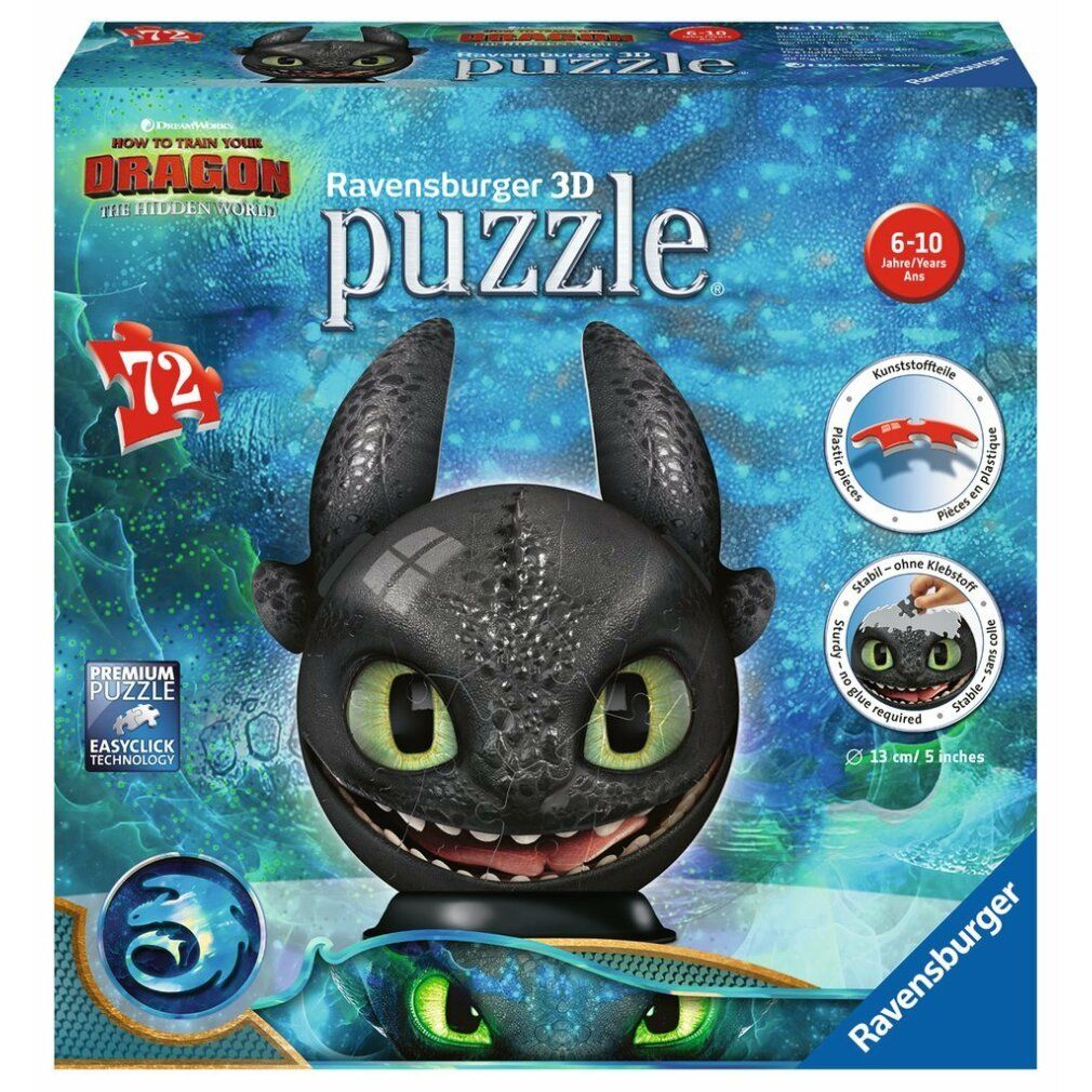 Puzzle 3D Ravensburger, 72 pezzi. Testa di drago nero con occhi verdi, su confezione. Età consigliata 6-10 anni.