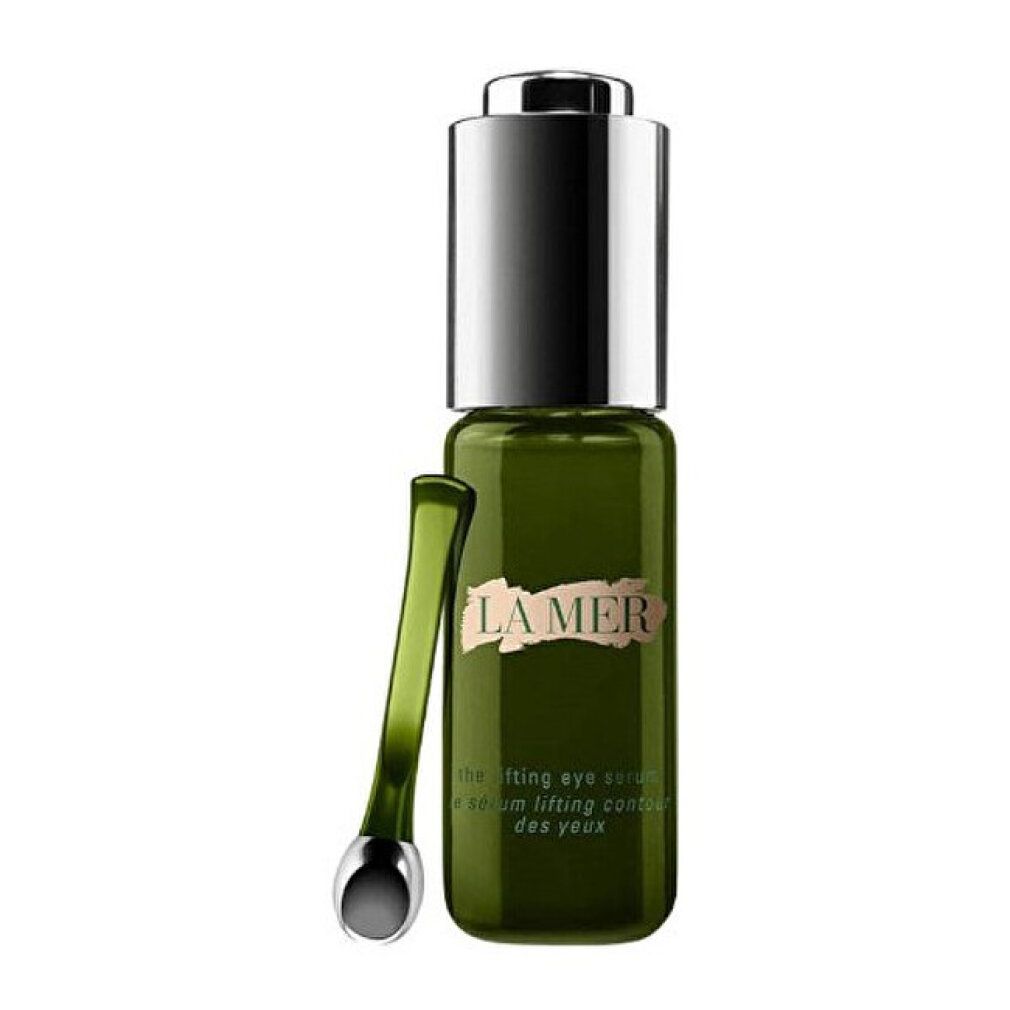 Flacone di vetro verde con tappo argentato e applicatore. Scritta: LA MER. Testo: the lifting eye serum.