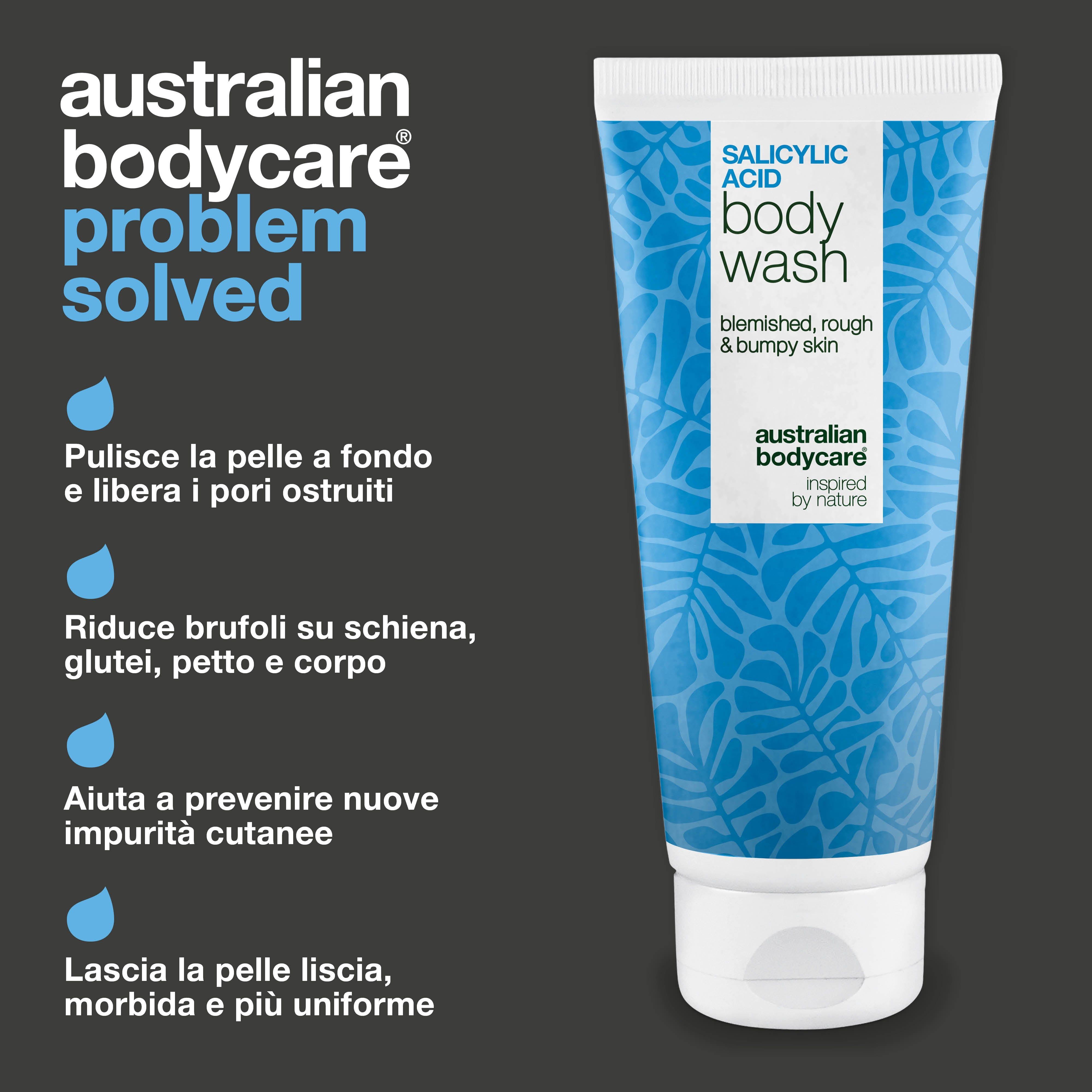Tubo di bagnoschiuma all'acido salicilico. Testo: Pulisce, riduce i brufoli, aiuta a evitare i pori, rende la pelle più liscia. Sfondo nero.