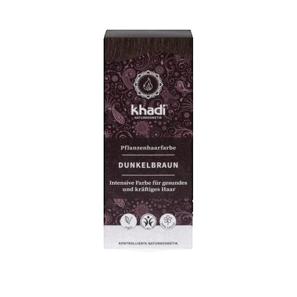Confezione Khadi. Tinta per capelli vegetale castano scuro. Testo: Castano scuro, vegano, cosmetici naturali controllati.