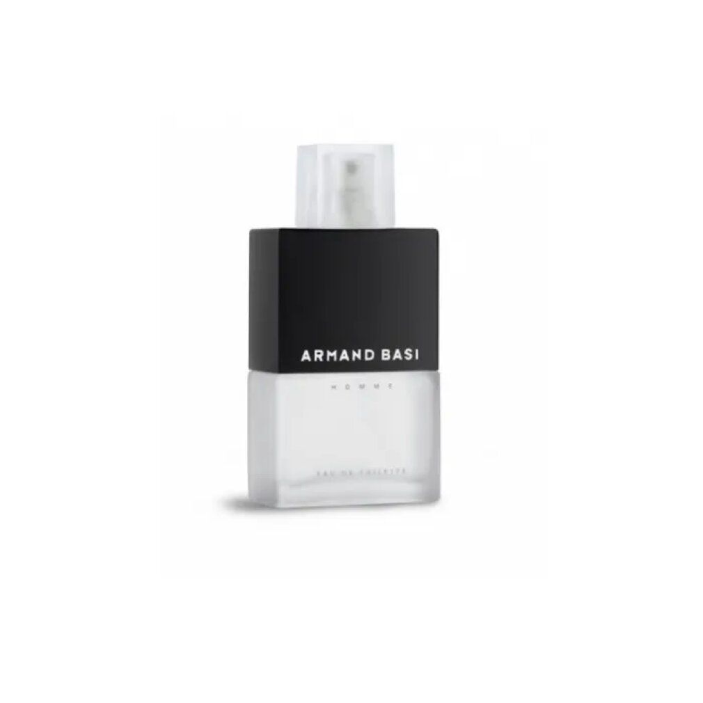 Flacone Armand Basi Homme Eau de Toilette. Tappo nero, vaporizzatore trasparente. Scritta Armand Basi.