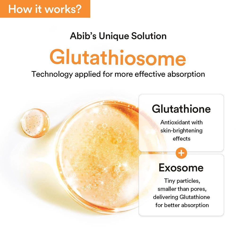 Abib Glutathiosome. Testo: Glutatione, antiossidante con effetti illuminanti. Esosoma, particelle minuscole, migliore assorbimento.