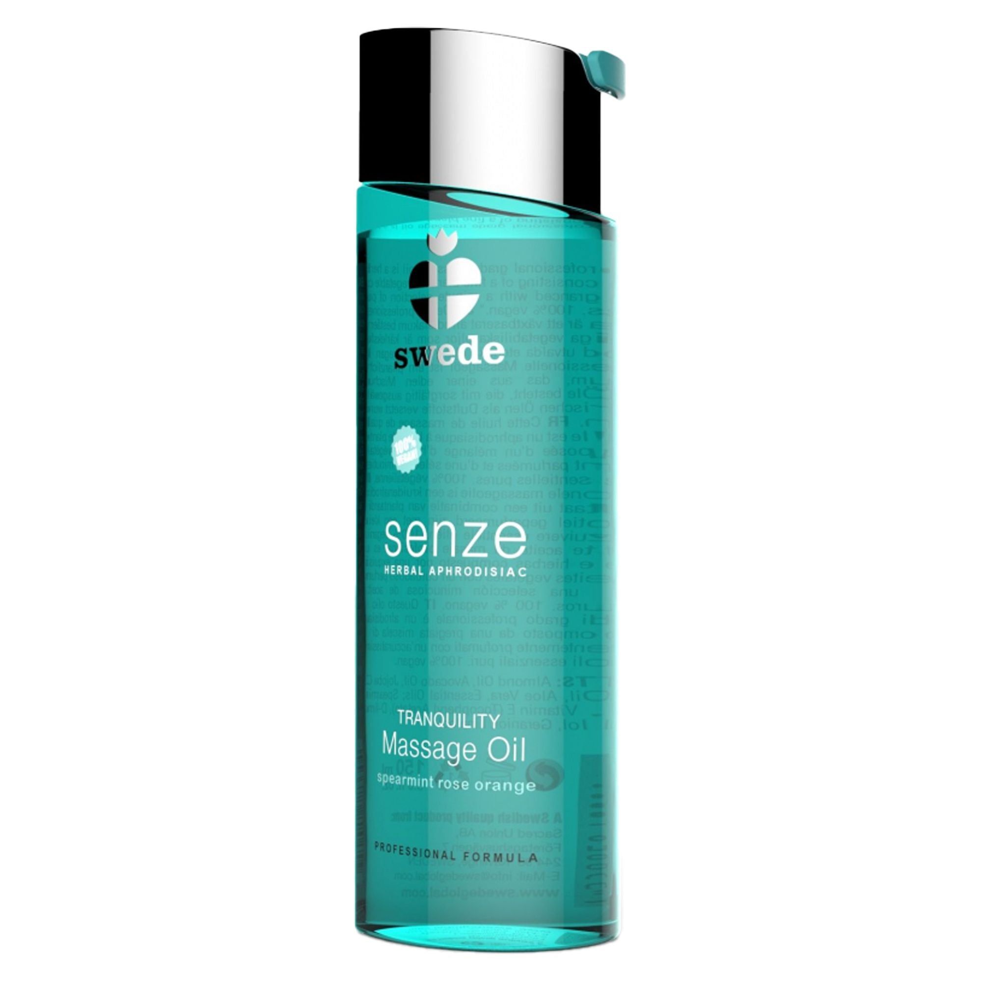 Flacone turchese con tappo argentato. Scritta: swede, senze, Massage Oil. Testo: Spearmint Rose Orange.