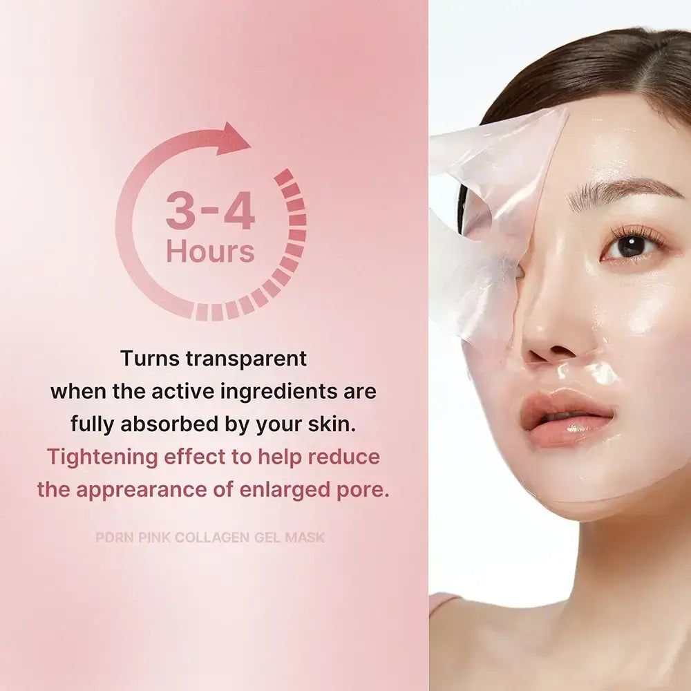 Donna con Medicube PDRN Pink Collagen Gel Mask sul viso, che diventa trasparente.