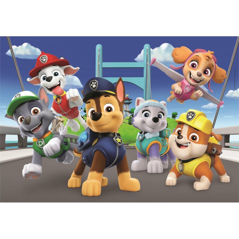 Motivo puzzle con personaggi di Paw Patrol. Cani su un ponte. Cielo blu. Senza confezione.