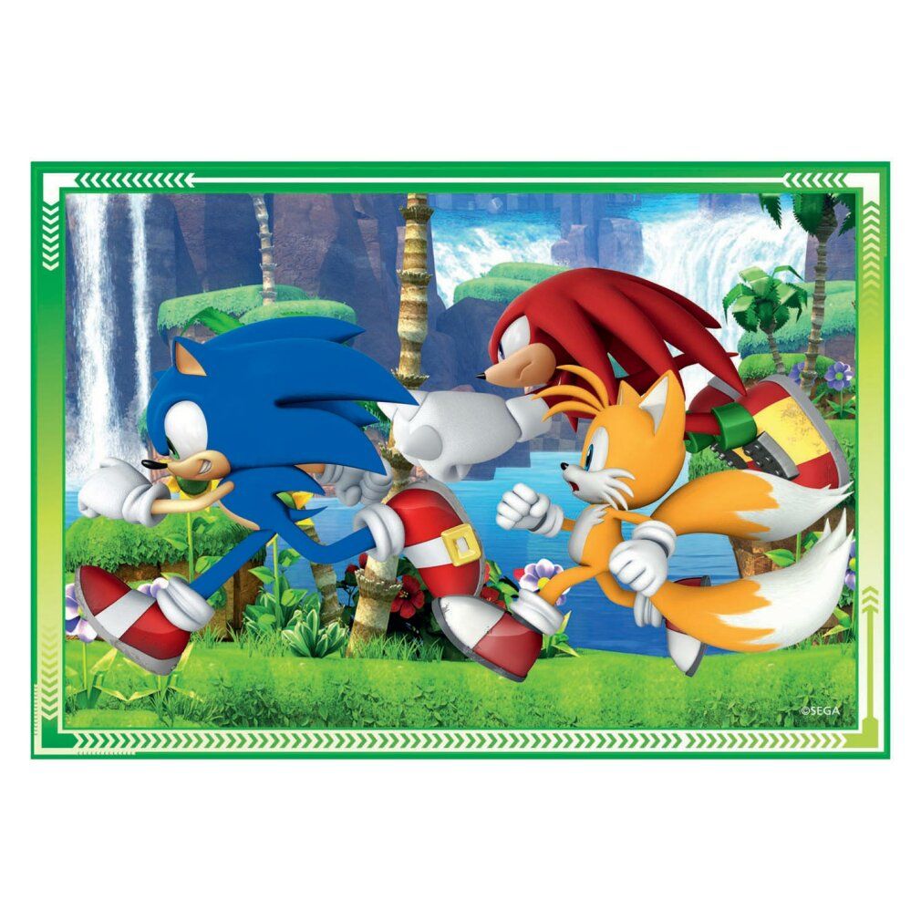 Puzzle con Sonic, Knuckles e Tails. Personaggi che corrono su sfondo verde. Cornice verde.
