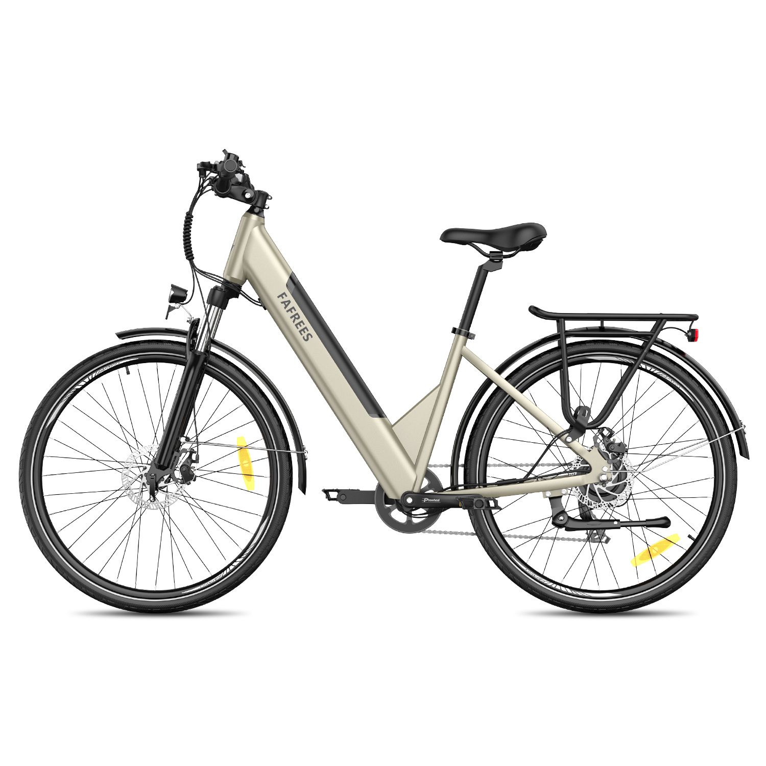 E-bike Fafrees F28 Pro, beige, dettagli neri. Portapacchi, parafanghi, pneumatici CST. Marchio visibile.