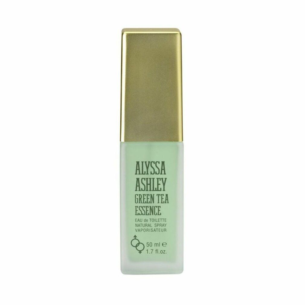 Alyssa Ashley Green Tea Essence Eau de Toilette. Flacone rettangolare, contenuto verde, tappo dorato. Testo.