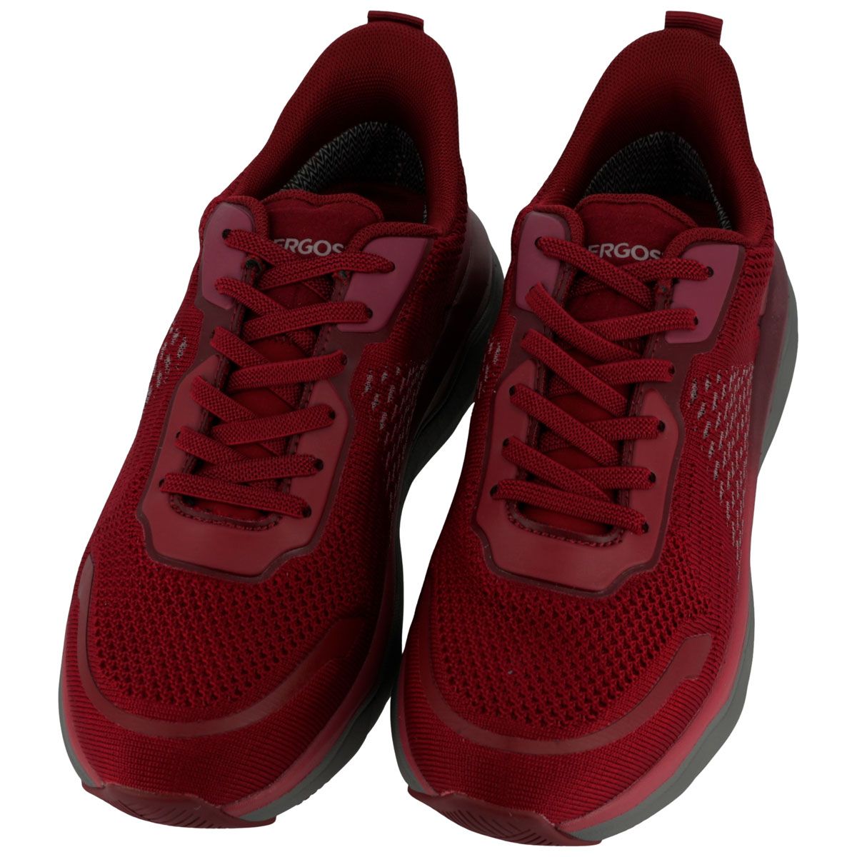 Scarpe sportive rosse con suola grigia, viste dall'alto. Soletta interna con logo visibile.
