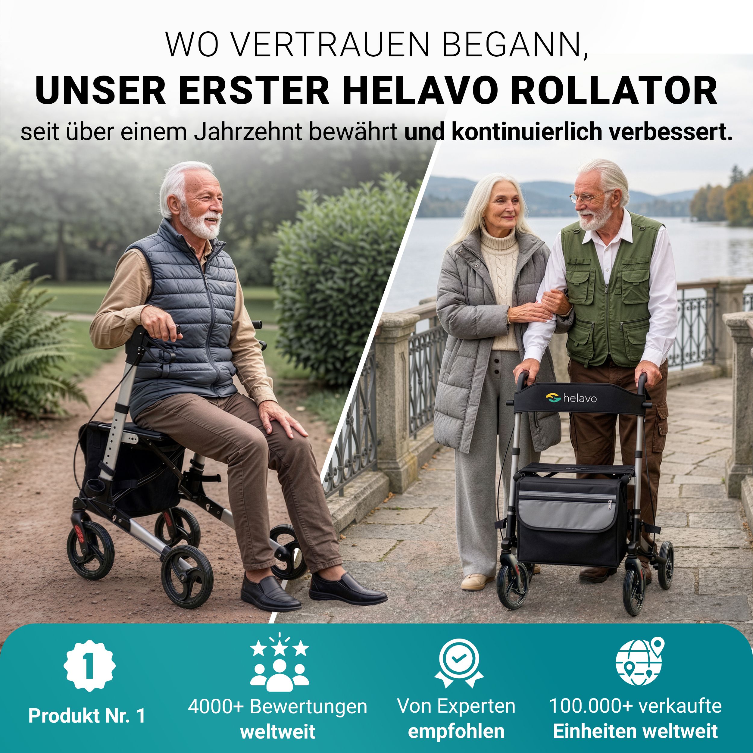 Coppia anziana passeggia con rollator Helavo; Prodotto N.1, oltre 100.000 unità vendute.