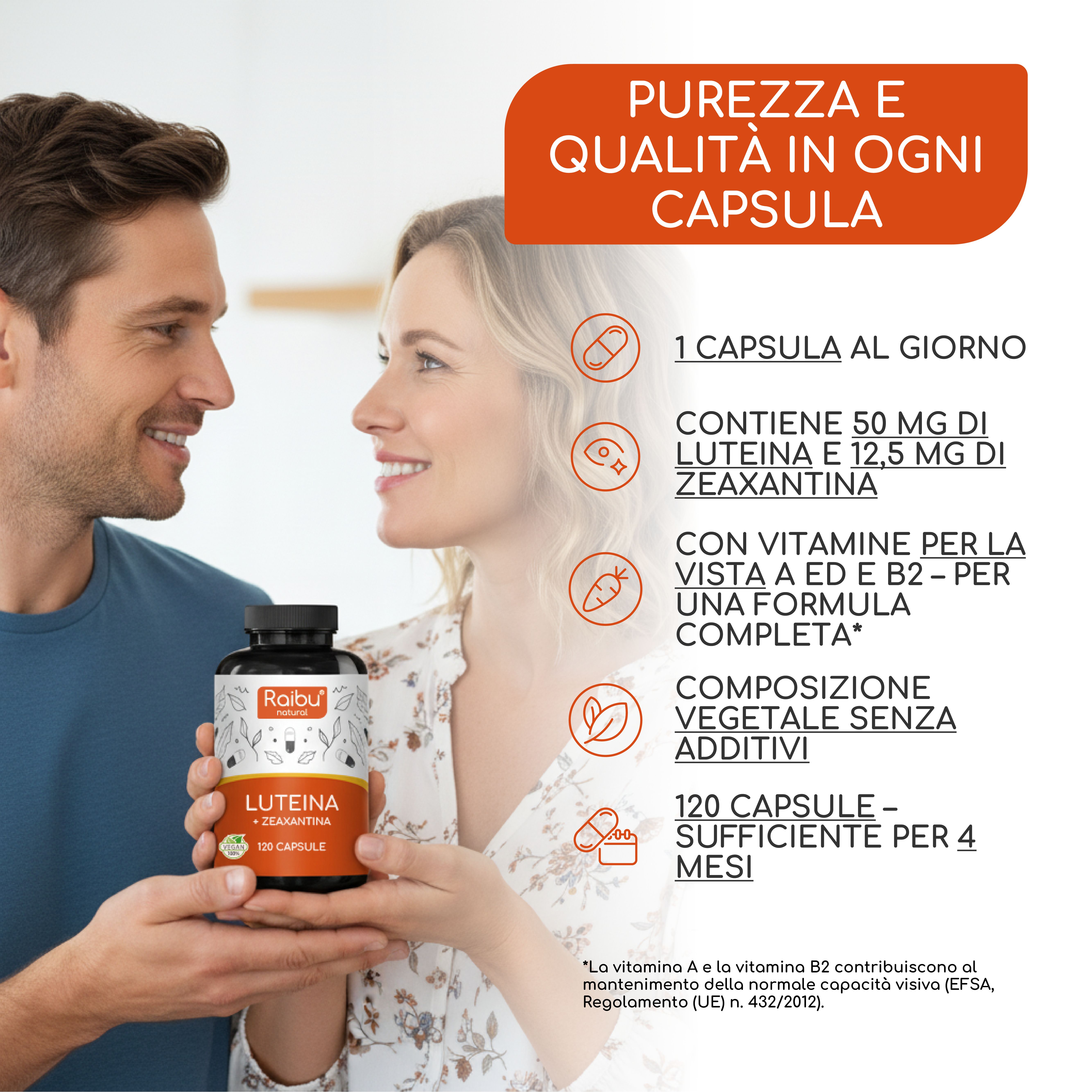 Coppia con flacone del prodotto. Testo: Contiene 50 mg di luteina e 12,5 mg di zeaxantina. 120 capsule. Composizione vegana.