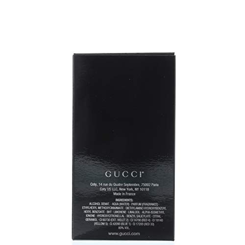 Retro della confezione GUCCI Guilty Homme. Scatola nera con testo e logo. Ingredienti e informazioni del produttore.