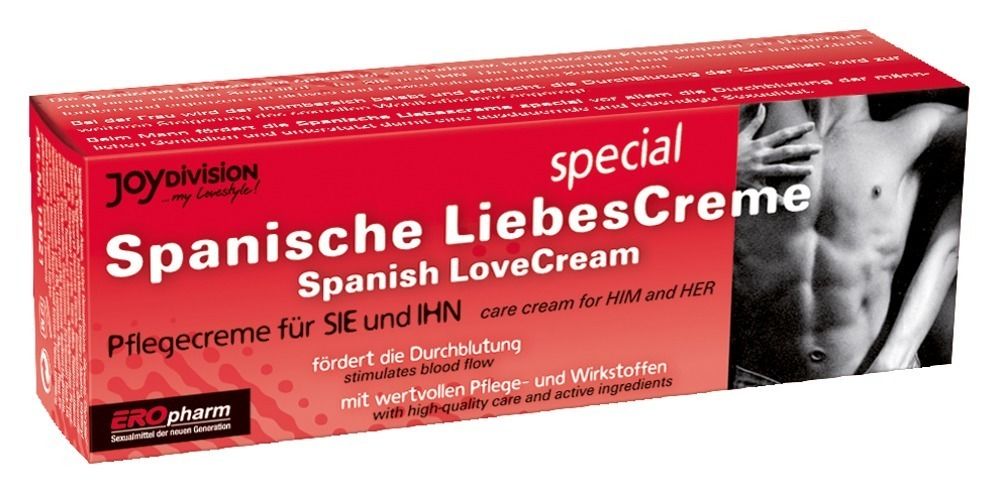 Confezione della crema amorosa speciale spagnola EROpharm, con immagine di un uomo.