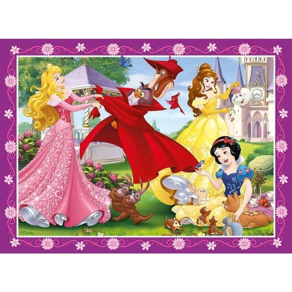 Puzzle con Aurora, Biancaneve e altri personaggi. Cornice viola. Personaggi in un giardino.