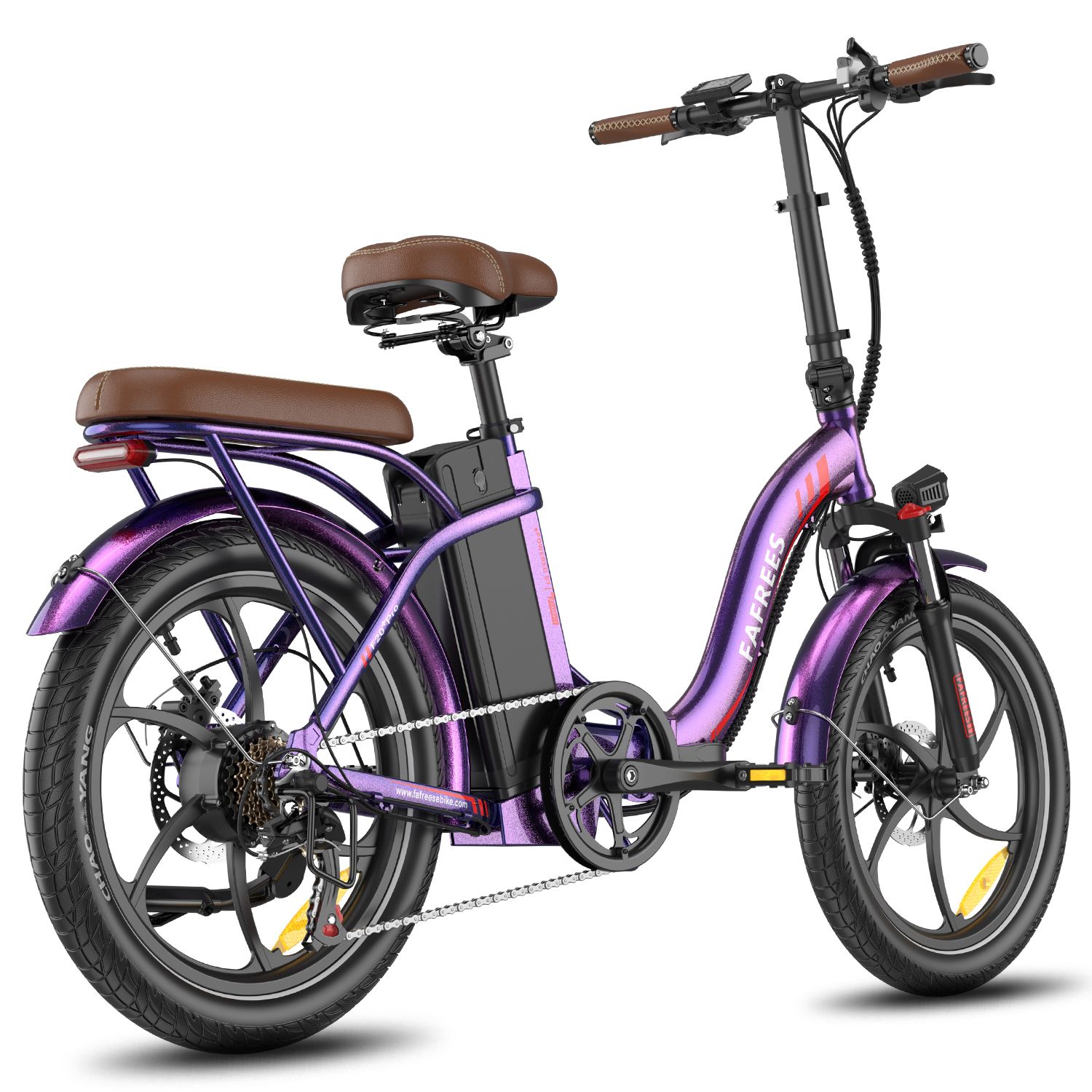 E-bike pieghevole viola, sella e portapacchi marroni. Pneumatici, cerchi e batteria neri. Marchio FAFREES.