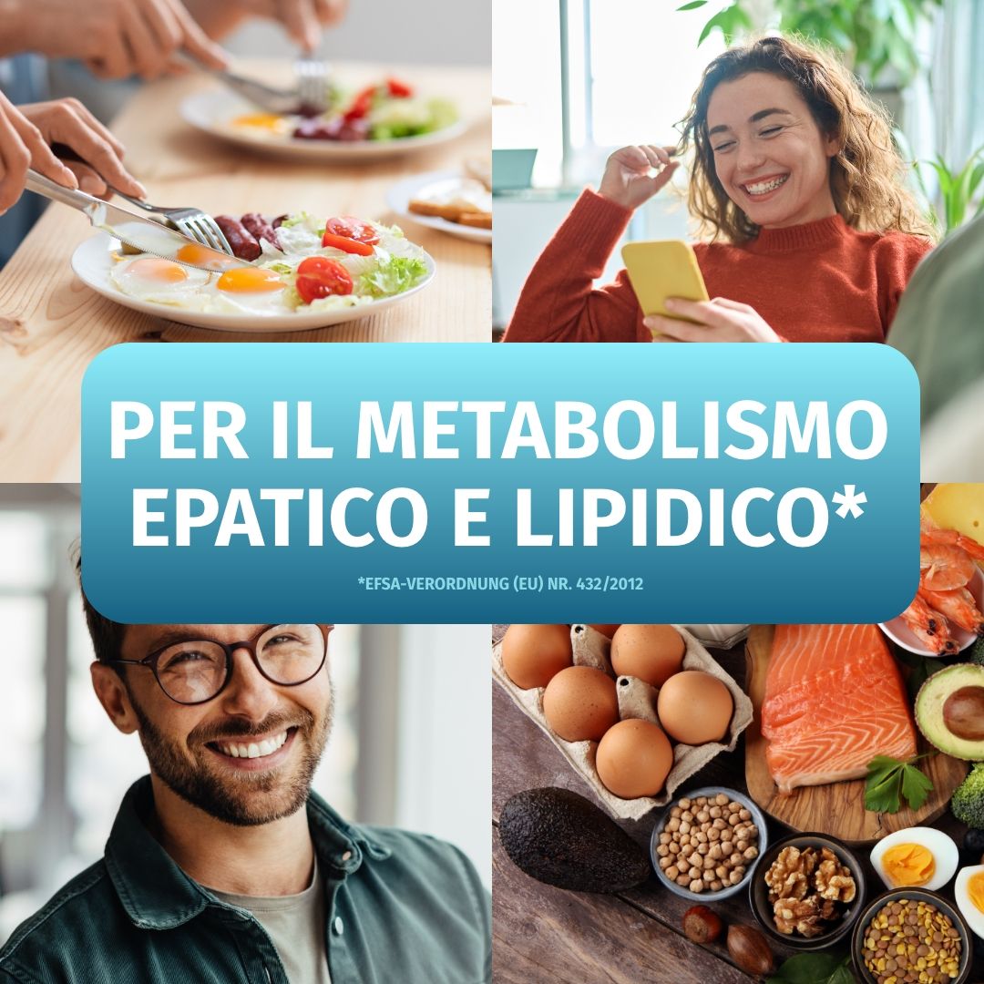Collage con persone che mangiano, una donna con smartphone, un uomo e cibi sani.