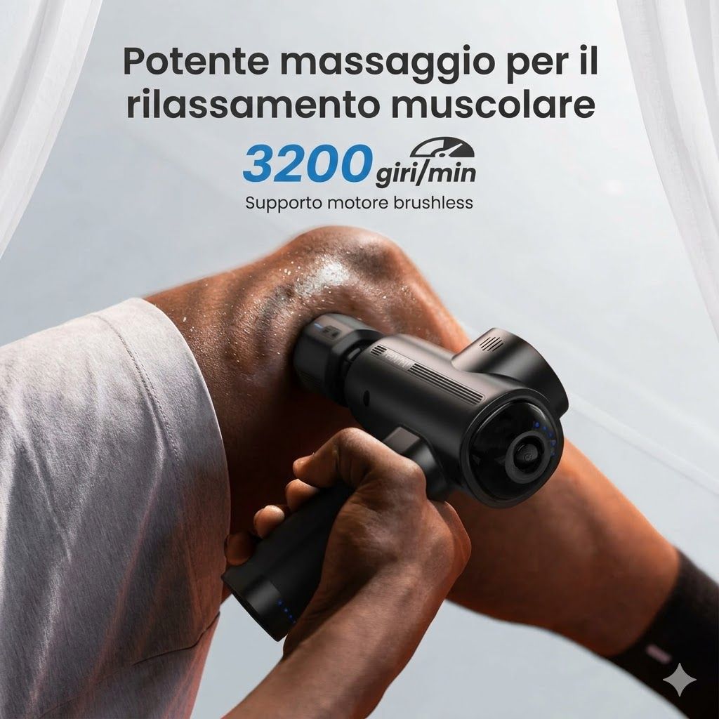 Massaggiatore nero che massaggia un ginocchio. Testo: 3200 giri/min, supporto motore brushless.