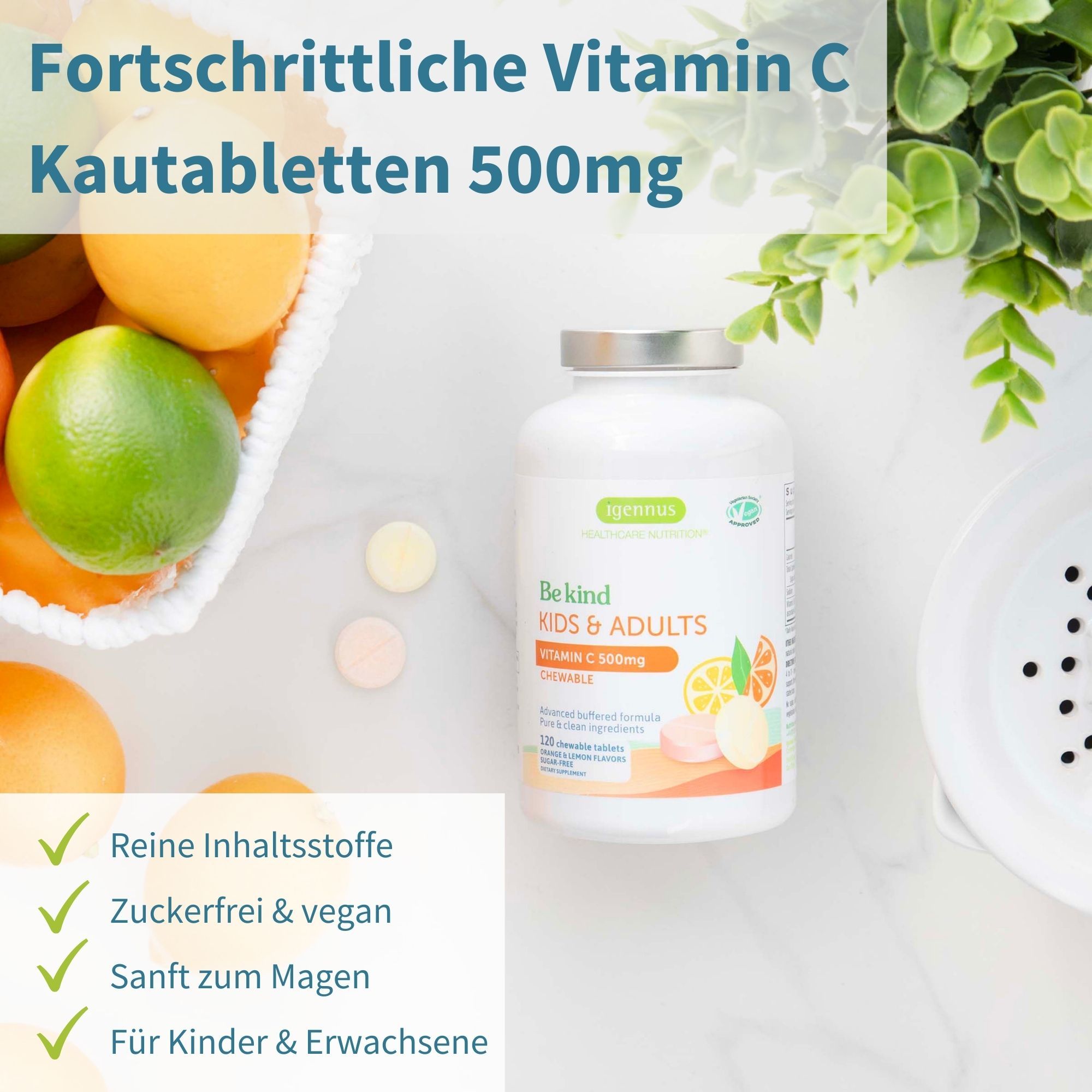 Flacone bianco di compresse masticabili di vitamina C. Scritta: Be kind KIDS & ADULTS. Illustrazione arancia e limone. Spunta verde per ingredienti puri, senza zucchero, vegano.