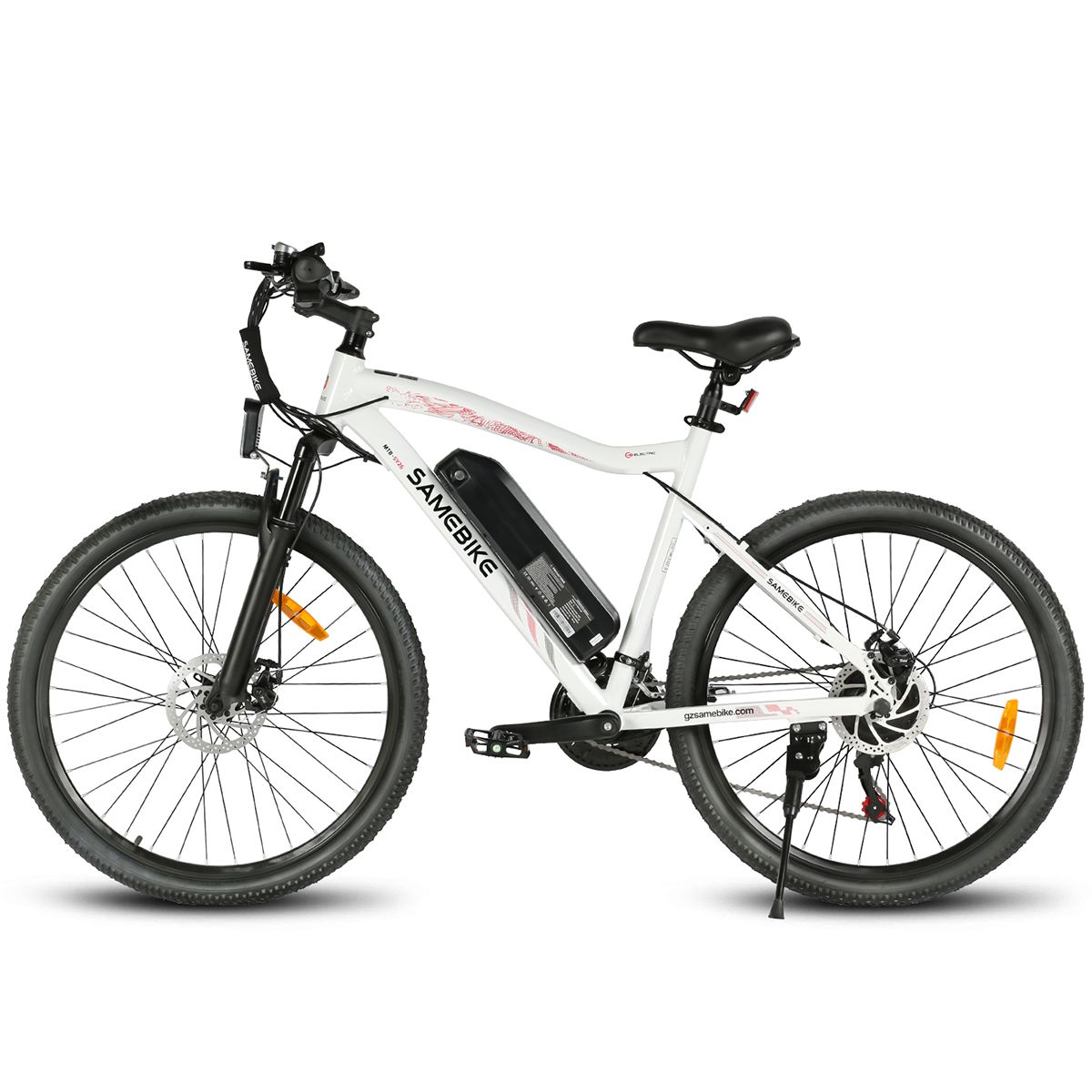 E-bike SAMEBIKE SY26-II bianca. Pneumatici, sella e dettagli neri. Shimano 21 velocità. Batteria sul telaio.