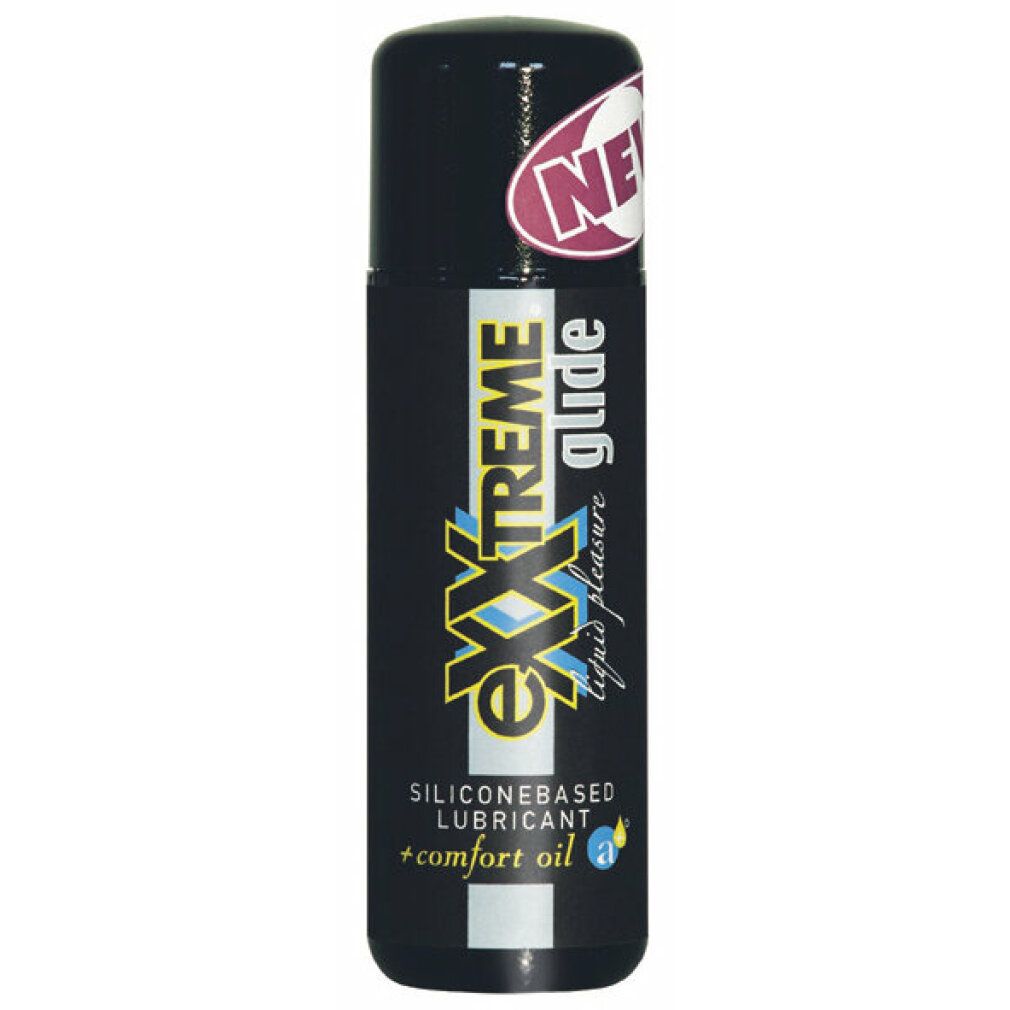 Flacone nero con tappo nero. Scritta: eXXtreme glide, SILICONEBASED LUBRICANT, +comfort oil. Adesivo 'NEW'.