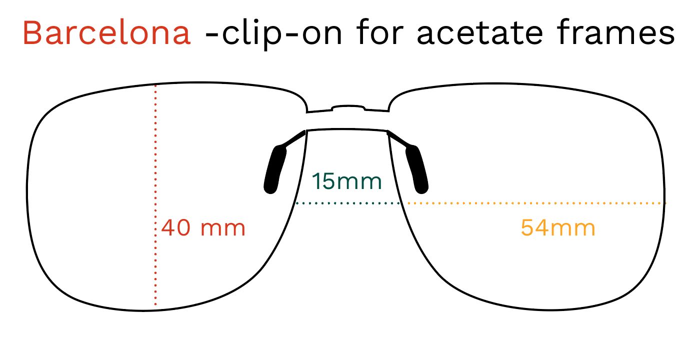 Schizzo di un clip-on. Misure: 40mm altezza, 54mm larghezza, 15mm ponte. Testo: Barcelona - clip-on per montature in acetato.