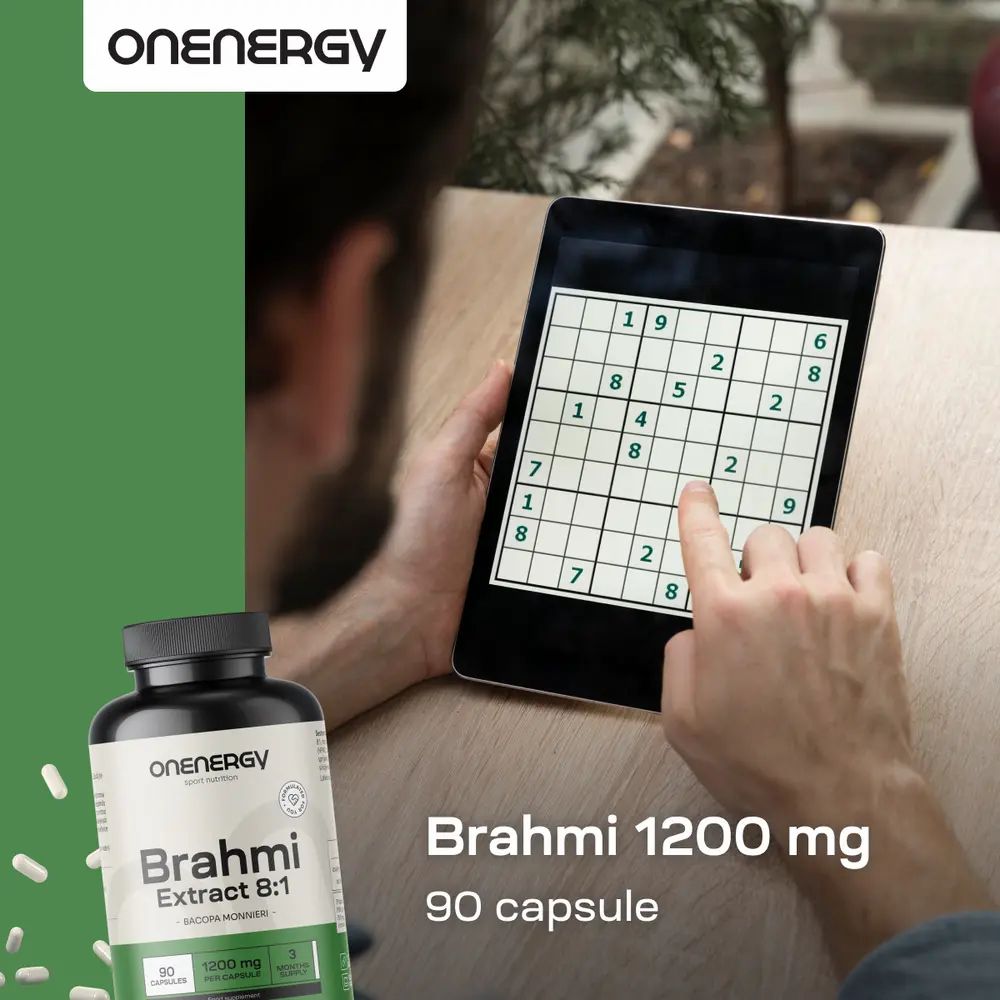 Flacone di capsule. Scritta: Brahmi 1200 mg, 90 capsule. Persona che gioca a Sudoku su tablet.