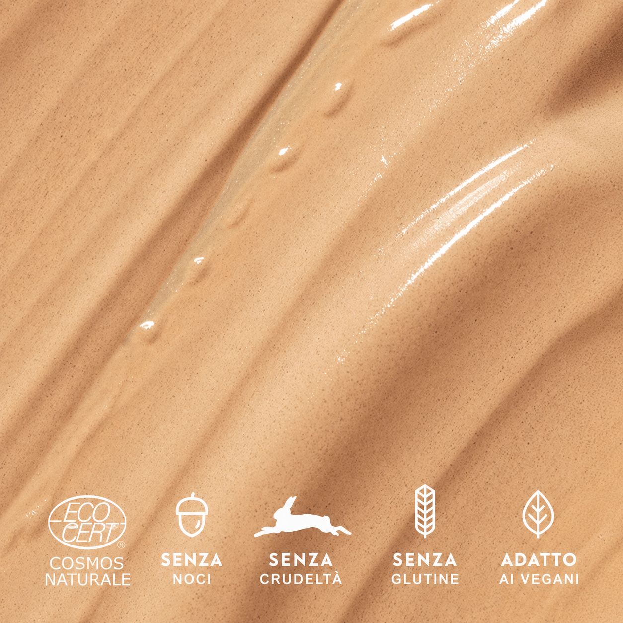 Crema colorata con certificazioni: Cosmos Natural, Senza noci, Senza crudeltà, Senza glutine, Vegano.