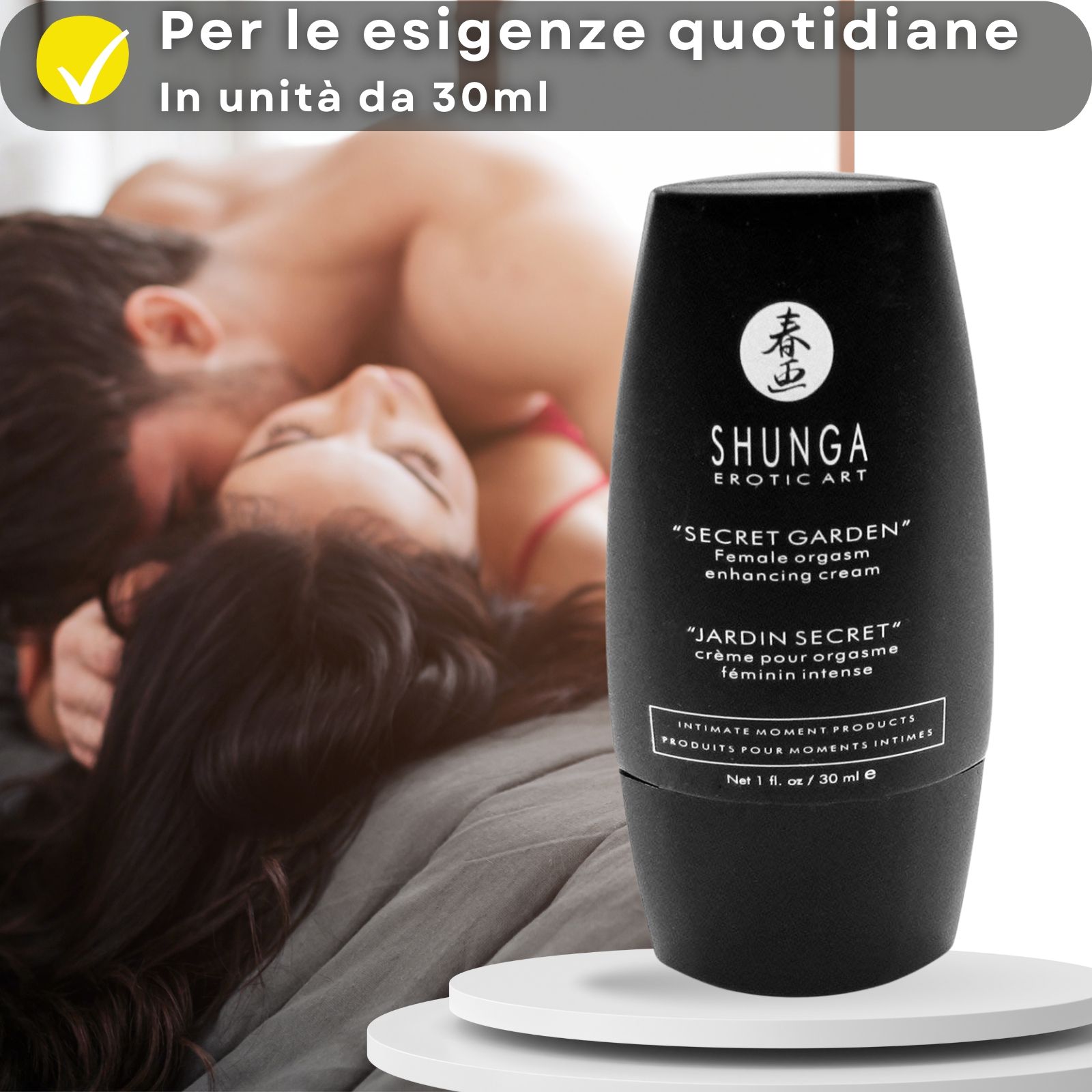 Flacone e testo del prodotto. Testo in italiano. Nome prodotto: Shunga. Coppia sullo sfondo.