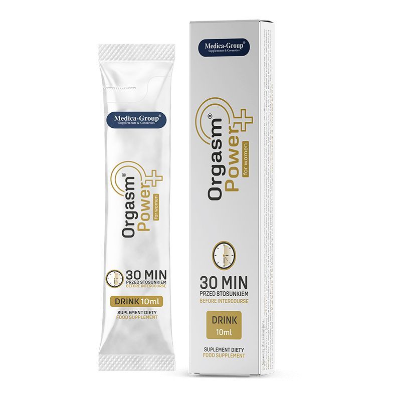 Una bustina e una scatola del integratore alimentare "Orgasm Power for women". Entrambi mostrano "30 MIN" e "DRINK 10ml".