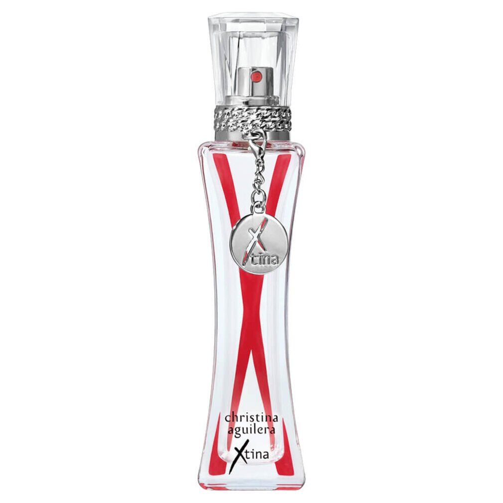Flacone Christina Aguilera Xtina Eau de Parfum con design a X rossa, ciondolo argentato e tappo trasparente.