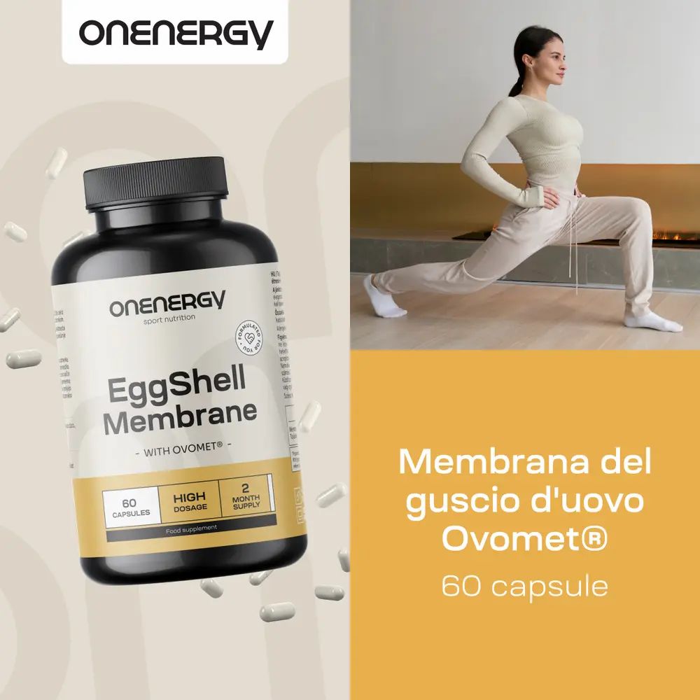 Donna in posizione di affondo, accanto a una bottiglia EggShell Membrane Ovomet® da 60 capsule.