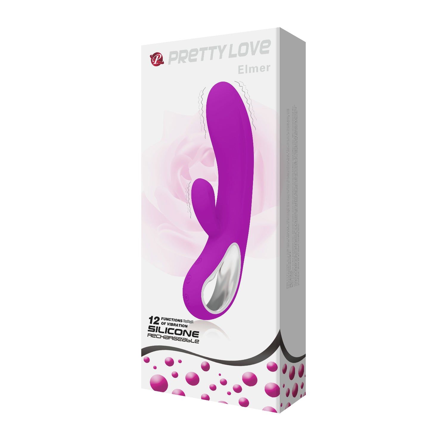 Confezione per un vibratore viola. Marchio: PRETTY LOVE. Testo: Elmer, 12 funzioni, SILICONE. Sfondo bianco.