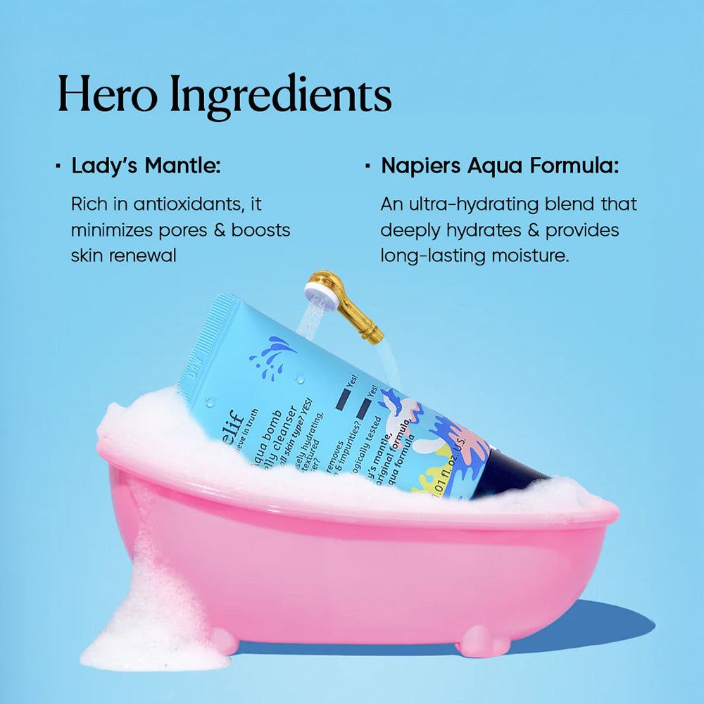 Tubo Belif Aqua Bomb Jelly Cleanser in una vasca da bagno rosa con schiuma e soffione doccia dorato.