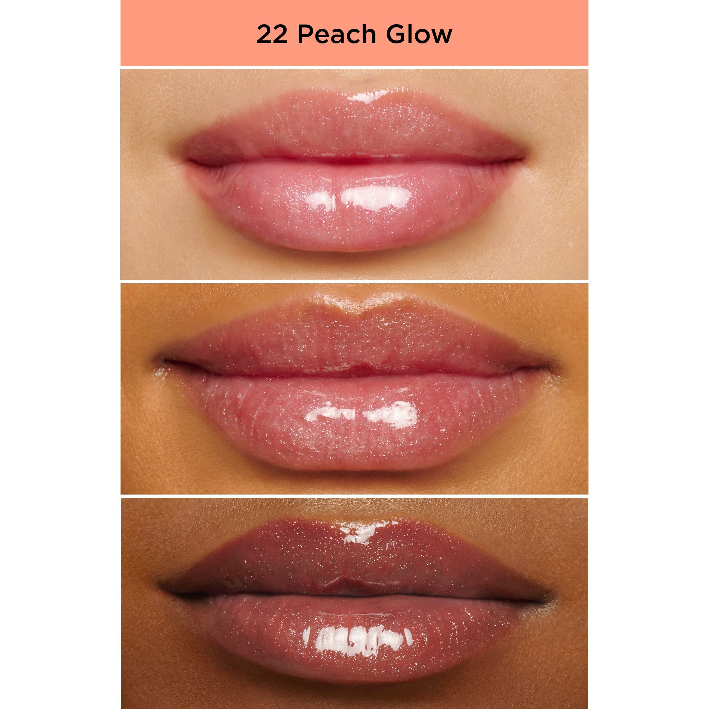 Tre esempi di labbra con Clarins Lip Perfector color 22 Peach Glow. Finitura lucida.