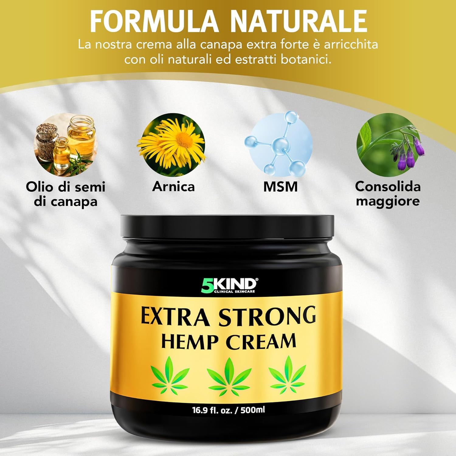 Vaso nero con etichetta dorata. Scritta: EXTRA STRONG HEMP CREAM. Tre foglie di cannabis. 16,9 fl. oz. / 500 ml. Illustrazione degli ingredienti.