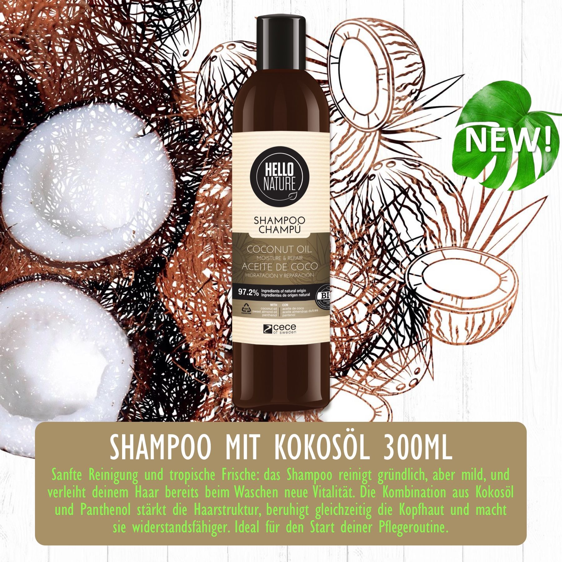Flacone di shampoo marrone con logo Hello Nature. Scritta: Shampoo all'olio di cocco. Illustrazioni di cocco sullo sfondo. Certificazione bio.
