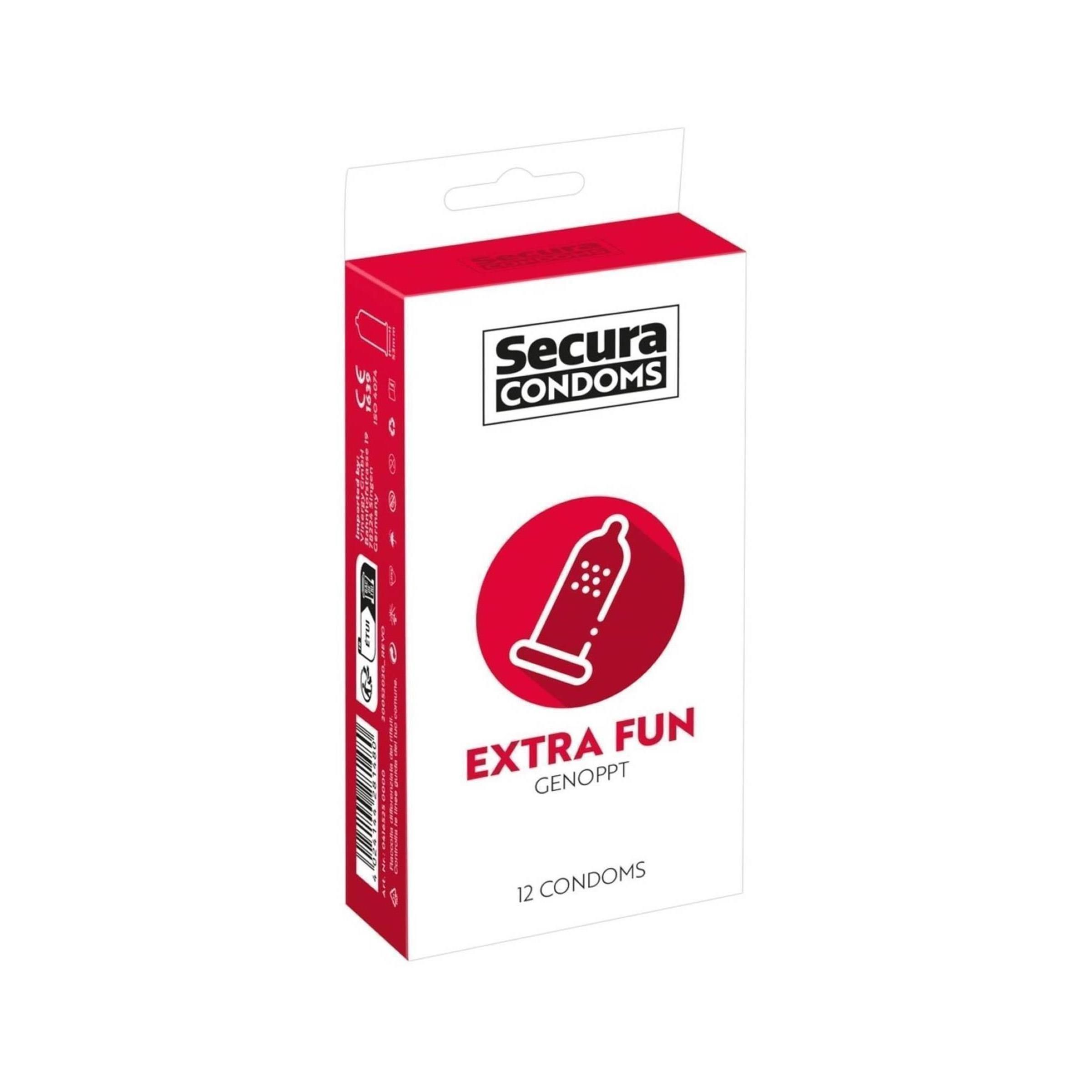 Confezione Secura Condoms Extra Fun. Scatola rossa e bianca con logo e icona preservativo. 12 preservativi.
