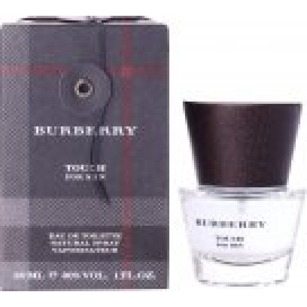 Flacone e confezione di Burberry Touch for Men. Flacone con tappo marrone, confezione con motivo a quadri e logo del marchio.