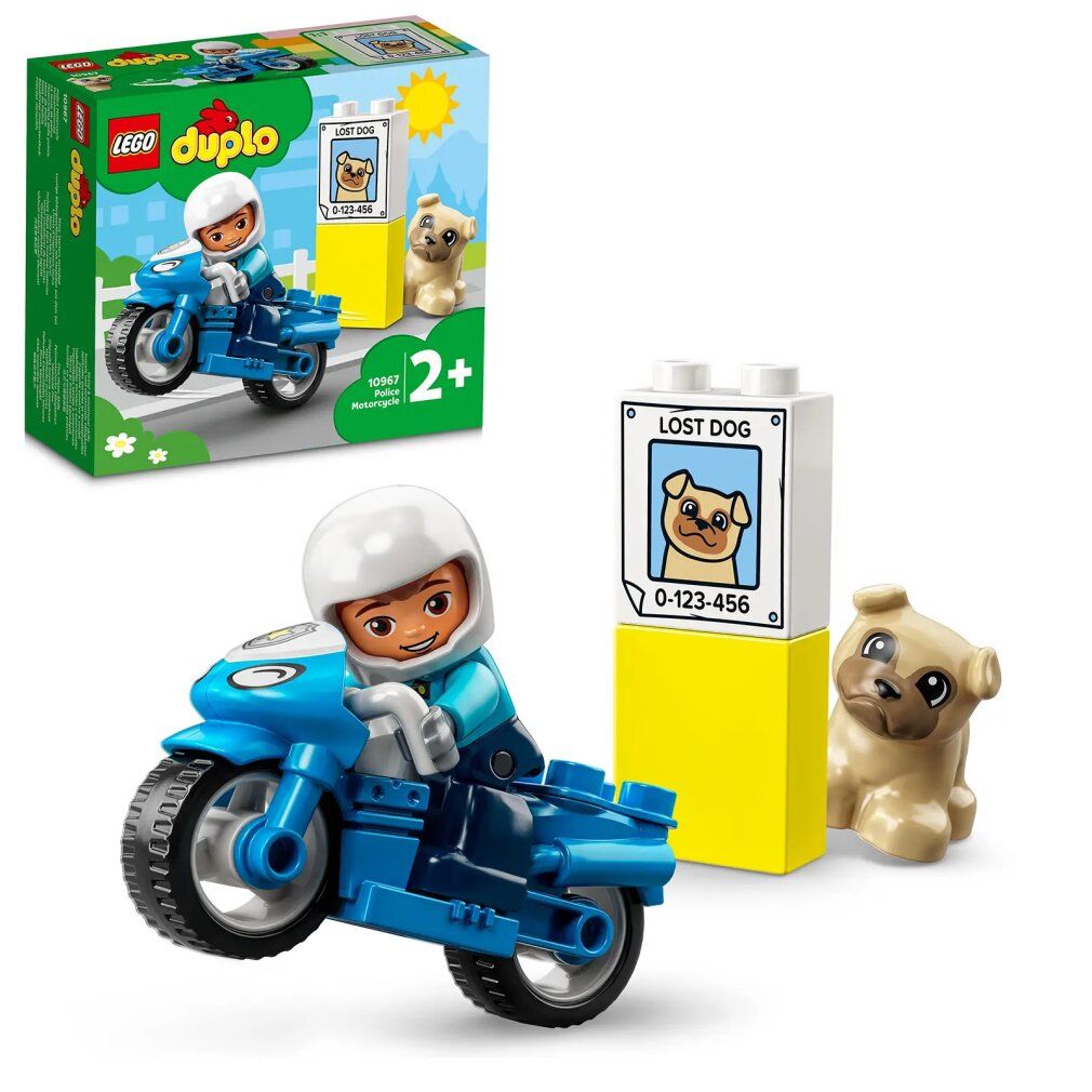 Set LEGO Duplo con moto della polizia blu, pilota, cartello giallo "LOST DOG" e cane. Imballaggio visibile.
